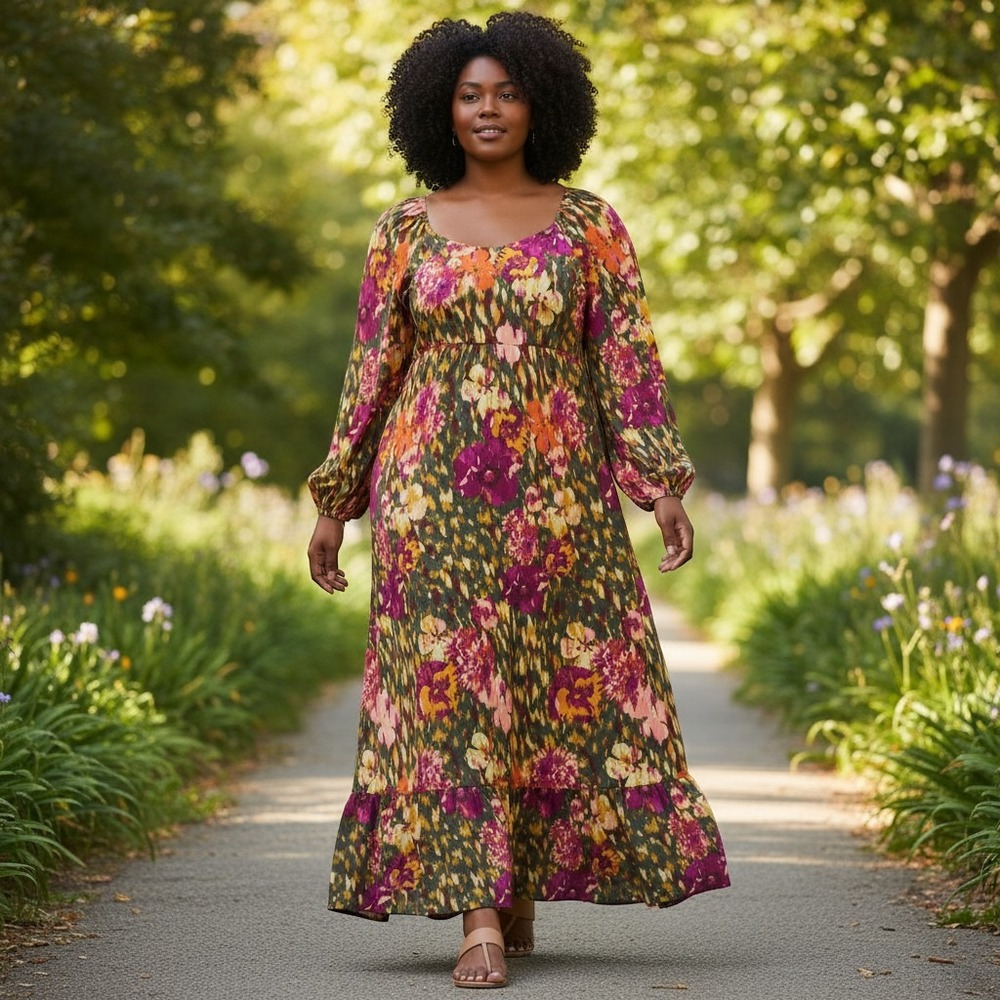 Fall Floral 1X Floral Maxi Dress Smocked Boho Cottagecore Balloon Sleeve Prairie